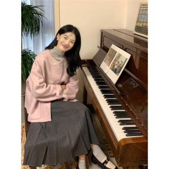 韓系粉色呢子大衣女2024秋冬新款毛呢外套高階感小個子慵懶風短款