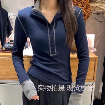 立領針織女秋墊肩長袖修身T恤
