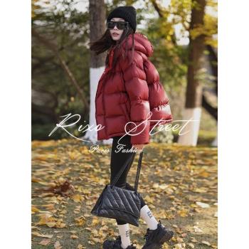 RIXO STREET法式冬季紅色小香風棉服外套短款連帽加厚氣質羽絨服