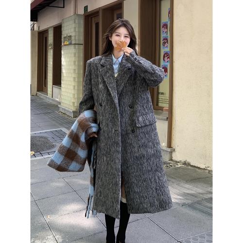 高端灰色羊毛大衣女2024冬新款時尚洋氣長款過膝雙面羊絨毛呢外套