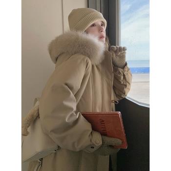 長款女2024冬季新款高階感小個子90白鴨絨牛角扣大毛領外套