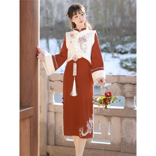 錦龍呈祥原創漢服女改良比甲新中式拜年服新年漢元素旗袍套裝冬季