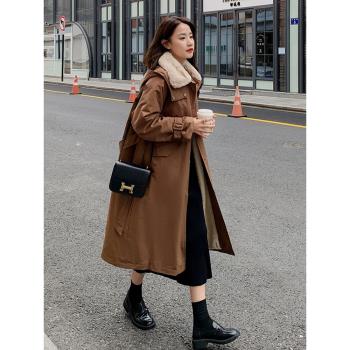 2024爆款羊羔毛領棉服風衣式派克服外套女冬季中長款加絨加厚棉衣