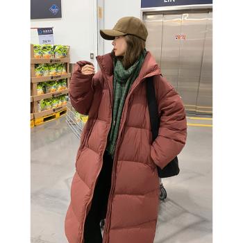 酒紅色高階感長款韓版立領羽絨服