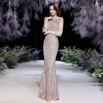 高階晚禮服女新款宴會氣質名媛魚尾亮片奢華長款主持人演出連衣裙