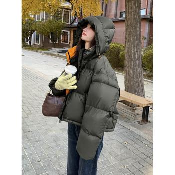 韓系寬松休閑連帽羽絨服女2024冬季新款高階感白鴨絨加厚保暖外套
