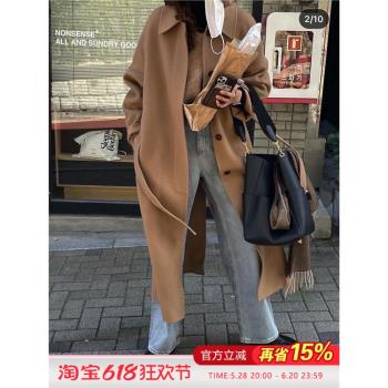 出口單feminique自制簡約系帶新款雙面絨大衣女中長款羊毛呢外套