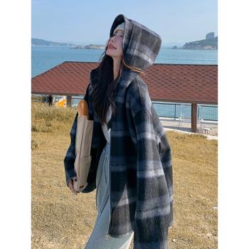 復古格子拉鏈休閑雙面羊絨大衣