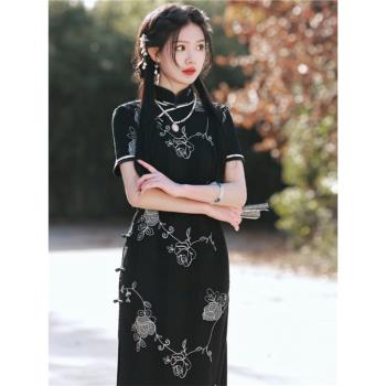 蘇錦夏季蕾絲繡花黑色日常改良旗袍新中式氣質優雅中長顯瘦連衣裙