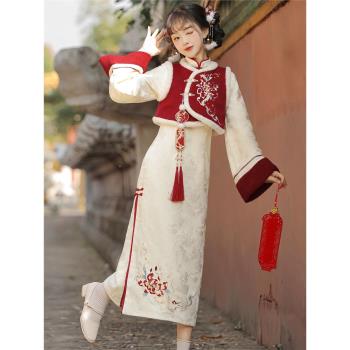 春曉原創漢服女改良新中式紅色比甲過年拜年服漢元素旗袍套裝冬季