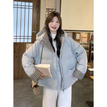 藍色格子拼接連帽羽絨服女2024冬季新款設計感超好看小個子麵包服