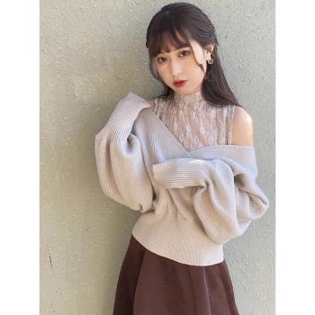 G家日系2024秋季甜美半高領蕾絲背心拼接燈籠袖羅紋針織衫假兩件