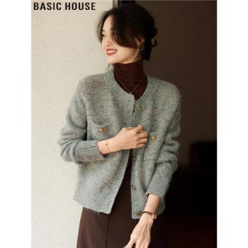 Basic House/百家好灰色小香風針織開衫氣質軟糯毛衣外套女春秋季
