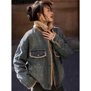 Basic House/百家好立領加厚保暖牛仔拼接外套女士春秋季夾克上衣