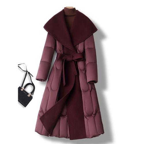 高級感冬季新款高端設計感羊毛拼接輕薄保暖羽絨服女鵝絨大衣外套