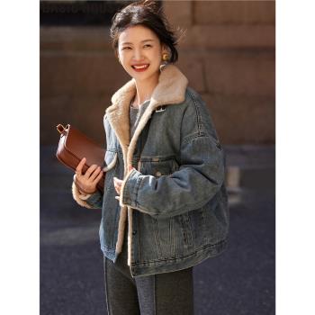 Basic House/百家好慵懶風加絨加厚牛仔外套女秋冬季保暖夾克上衣