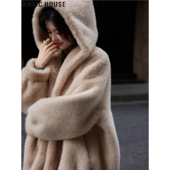 Basic House/百家好中長款仿水貂絨皮毛一體環保皮草毛茸茸外套女