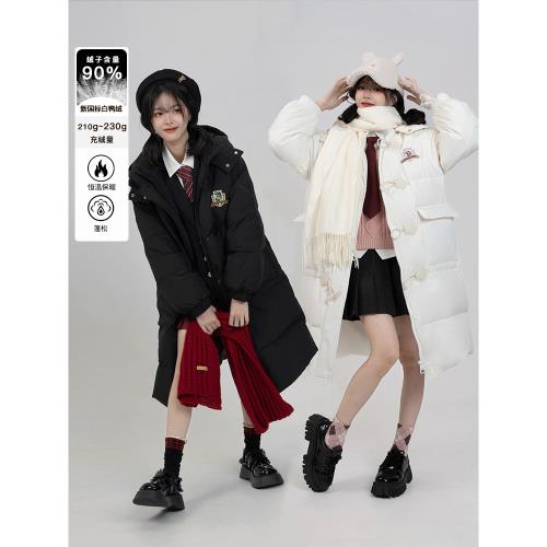 咸魚衣櫥 學院風牛角扣長款羽絨服女冬季減齡90白鴨絨面包服外套