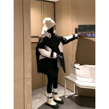 歐貨撞色白鵝絨羽絨服女2025冬季新款寬松沖鋒衣中長款加厚外套潮