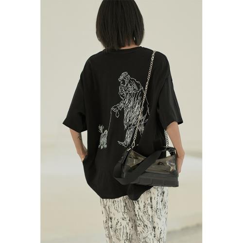 后背遛狗印花圖案短袖T恤夏季2025新款寬松趣味少女短袖T恤上衣潮