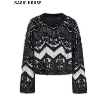 Basic House/百家好解構美學高階感圓領毛衣寬松套頭針織衫女春季