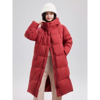 雪中飛2025夏新款女士長款連帽羽絨服防寒保暖紅色新年穿搭加厚