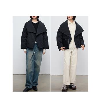 鯨乎2024新款通勤百搭短款外套女冬季寬松翻領黑色保暖羽絨服風衣