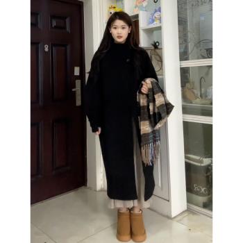 赫本風黑色毛呢外套女秋冬2025新款高階感韓系中長款加厚呢子大衣