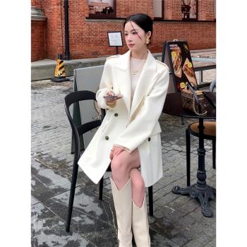 杏色西裝外套女2025年秋冬季新款西服上衣高階感小個子韓系中長款