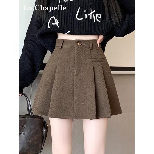 拉夏貝爾咖色毛呢半身裙女秋冬小個子防走光配靴子a字百褶短裙子