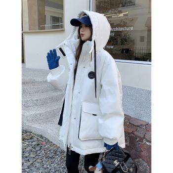 工裝派克羽絨服女冬2024新款中長款小個子加厚保暖防風白鴨絨外套
