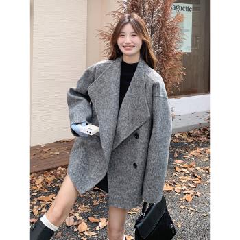 灰色韓系慵懶風雙面呢羊絨大衣女2024冬新款中長款寬松羊毛呢外套