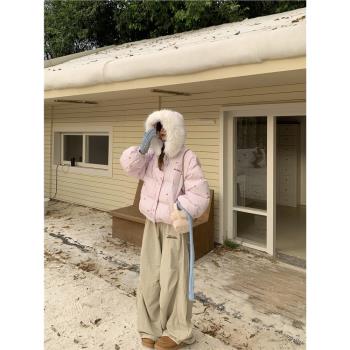 呆呆文美式設計感條紋蝴蝶結毛領連帽棉服外套冬季加厚保暖棉衣女