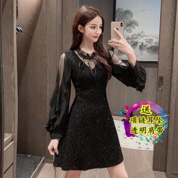 復古優雅蕾絲長袖小黑裙禮服桔梗