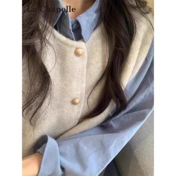 拉夏貝爾杏色針織馬甲上衣女秋冬季新款外搭疊穿無袖坎肩開衫毛衣