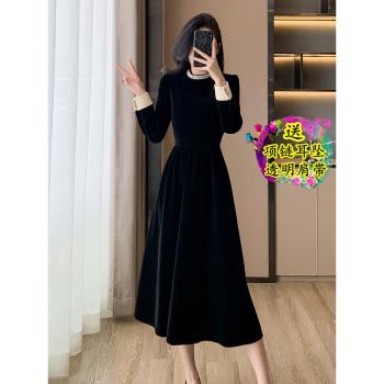 赫本風黑色晚禮服女法式復古優雅氣質減齡長袖釘珠絲絨高腰連衣裙