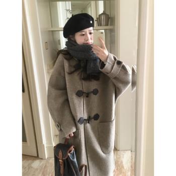 韓系牛角扣連帽呢子大衣女2024年新款秋冬季毛呢外套小個子中長款