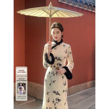 凌茜【山月】絲絨竹葉印花改良旗袍秋冬款女新中式顯瘦連衣裙