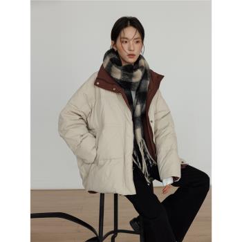 立領休閑麵包羽絨服女冬季2024新款撞色長袖加厚白鴨絨韓版外套