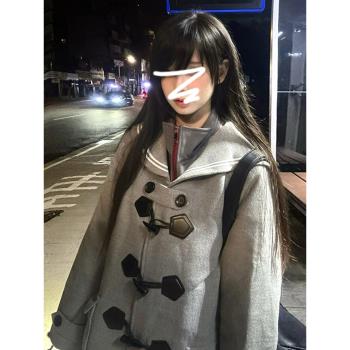 灰色牛角扣毛呢外套女秋冬季2025新款高階感小個子中長款呢子大衣