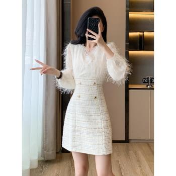 赫小本香風法式高階晚禮服輕奢名媛氣質粗花呢流蘇長袖V領連衣裙