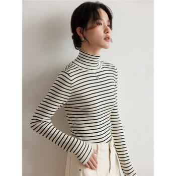條紋針織打底衫女春秋2025新款美麗諾羊毛彈力修身內搭長袖上衣