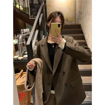 阿一 經典調性立體廓形夾棉西裝外套女冬季寬松氣質加厚毛呢西服