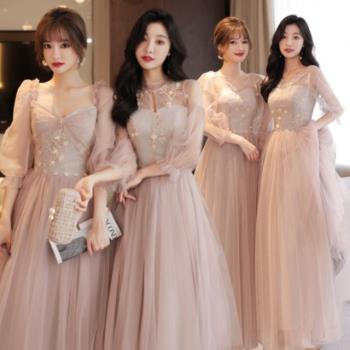 粉色伴娘服仙氣質平時可穿秋冬姐妹團結婚禮服裙女簡約大氣晚禮服