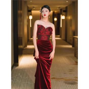 晨袍新中式旗袍敬酒服新娘高階感酒紅色玫瑰絲絨訂婚結婚晚禮服裙