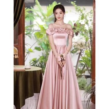 伴娘服粉色2025新款春季婚禮緞面高階感平時可穿姐妹團晚禮服裙女