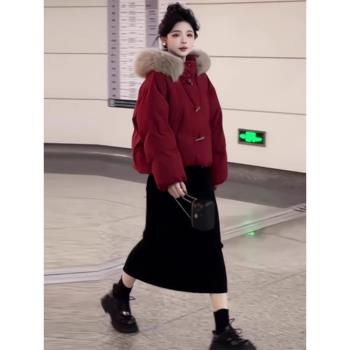 小個子氣質休閑棉襖女2024新款冬季紅色牛角扣短款羽絨棉服外套