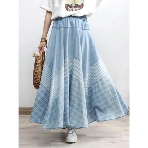 云言女裝復古藍色格子印花牛仔裙高腰牛仔半身裙大擺長裙寬松大碼