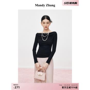 MandyZhang法式設計黑色一字領T恤女春季高階感時尚長袖打底上衣