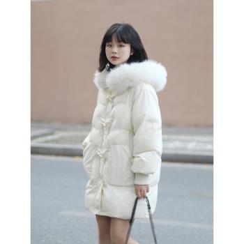 牛角扣羽絨棉服女冬季中長款小個子加厚保暖大毛領連帽外套杏白色